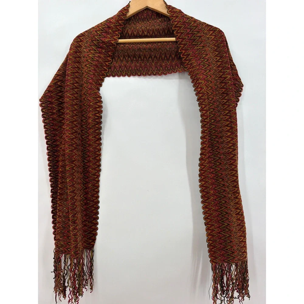 Filatess Como-Italia Scarf Red Orange Chevron Zig Zag Knit Fringe Made in Italy